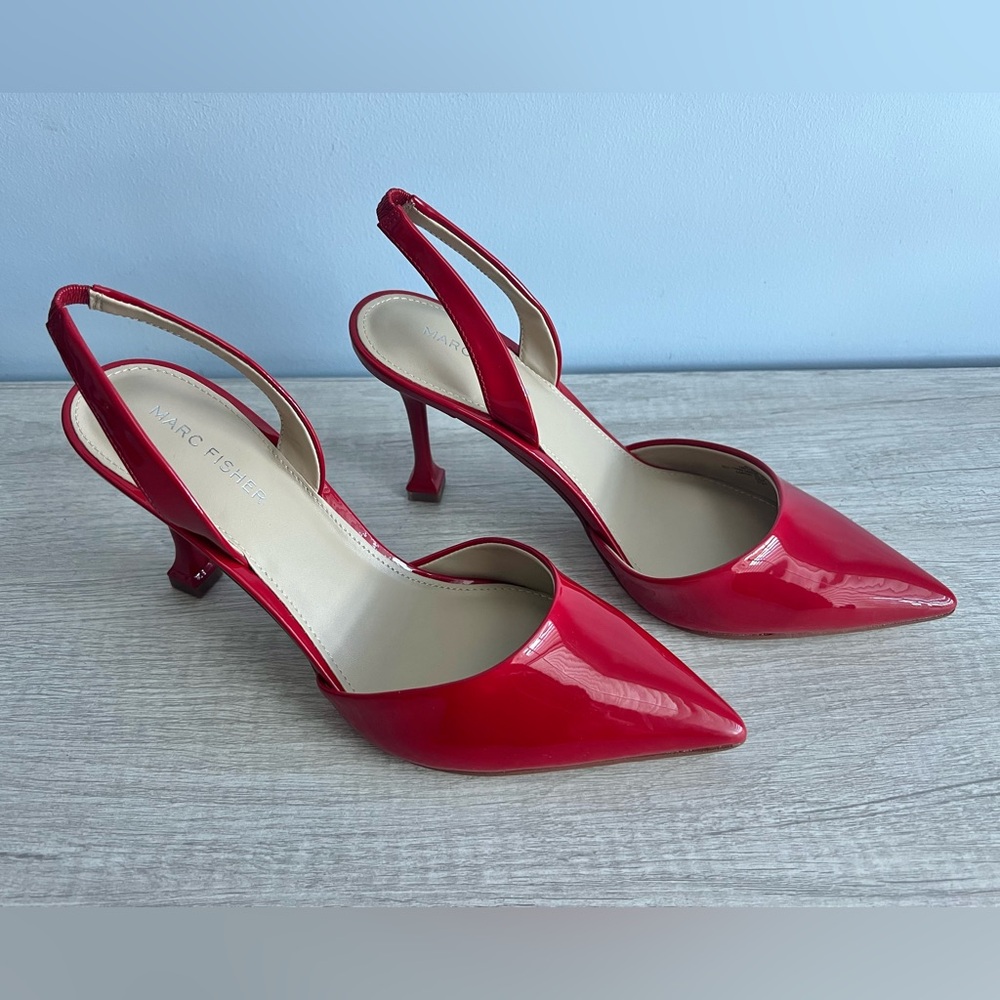 Marc Fisher Red Patent Slingback Pointed Toe Heels